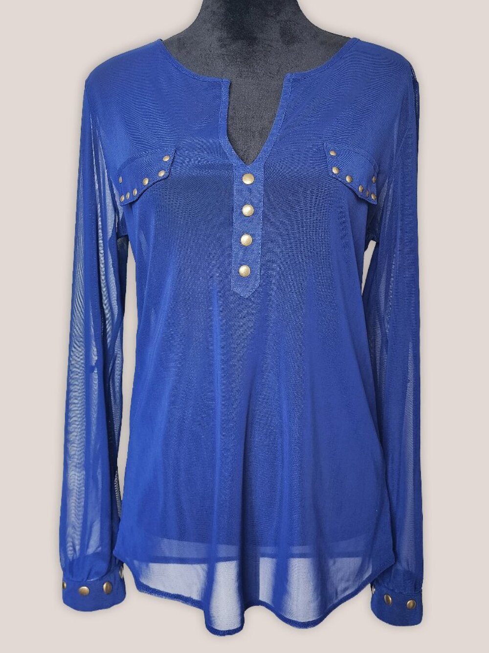 Eden & Olivia Women's Cobalt Blue Sheer Long Sleeve Mesh Top Gold Studs Blouse